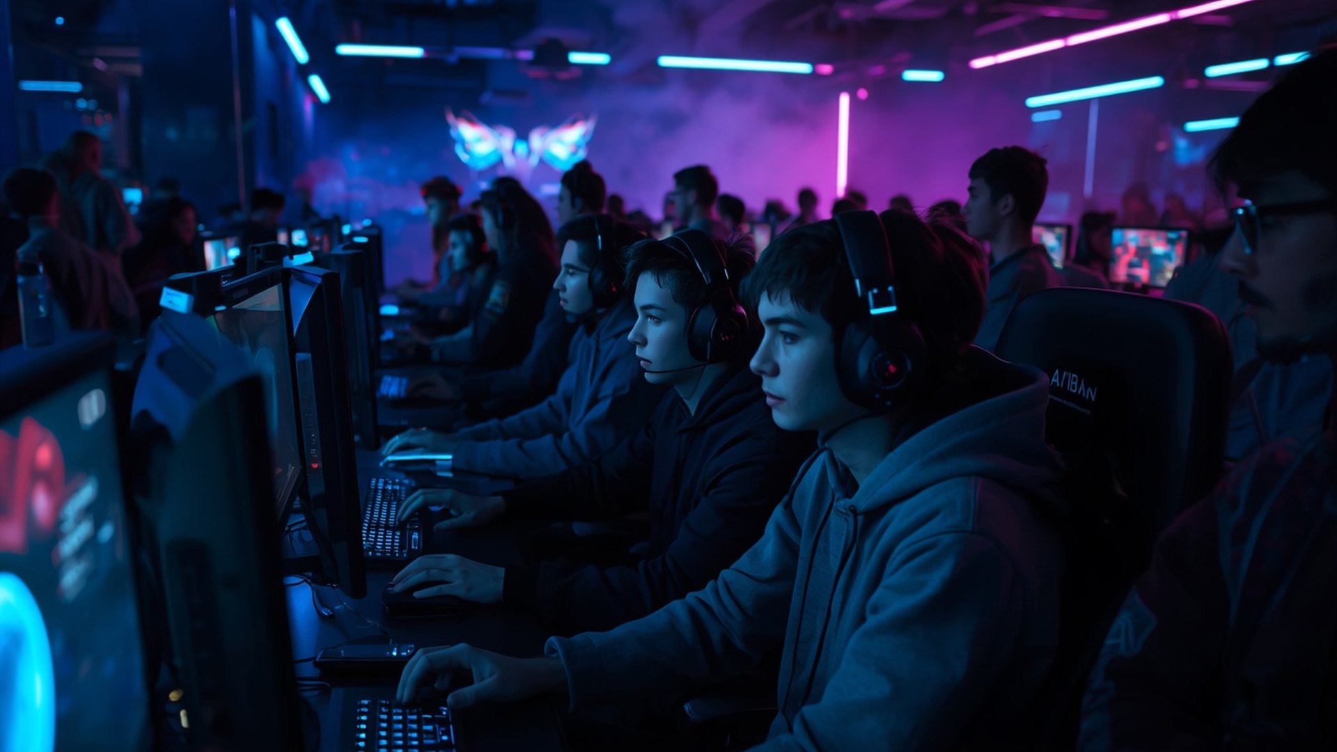 Dark 24/7 gaming PC club hall at night with long rows of stations and glowing monitors