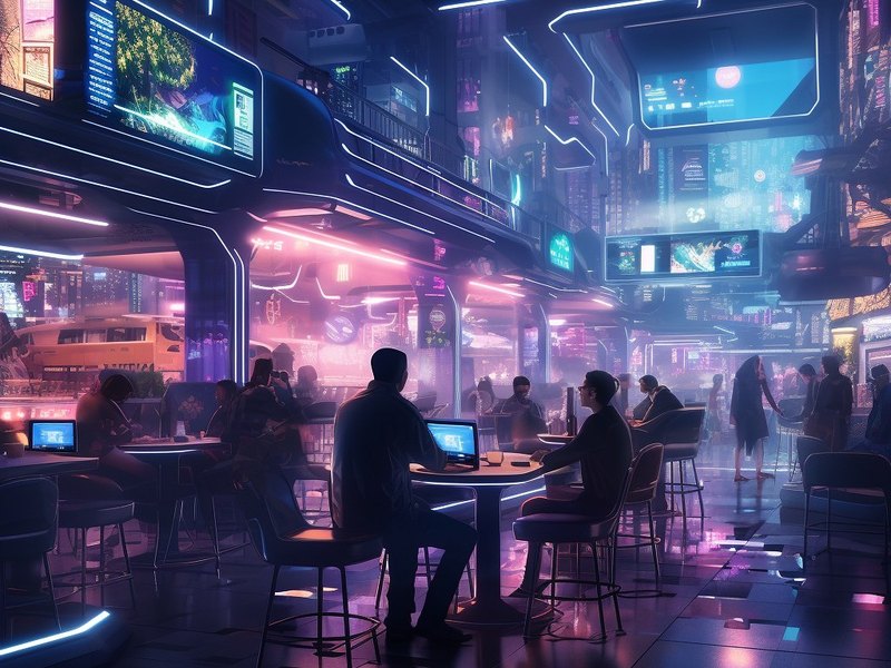 Neon-lit cyber lounge corner of the club glowing violet and teal in the dark